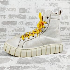 Ateliers White Leather Chunky Slip On Yellow Lace Up Combat Ankle Boots O504